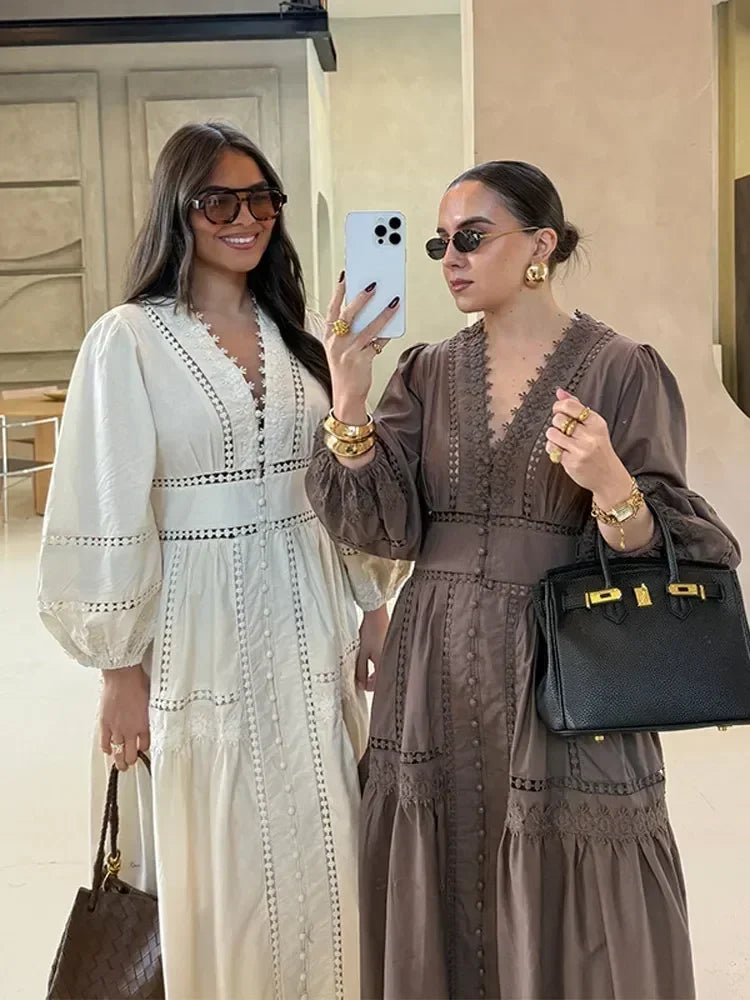 Elegant Lace Patchwork Hollow Out Dress Women Solid V-neck Long Lantern Sleeve Loose Dresses 2025 Spring Vacation Lady Robes Femstylo