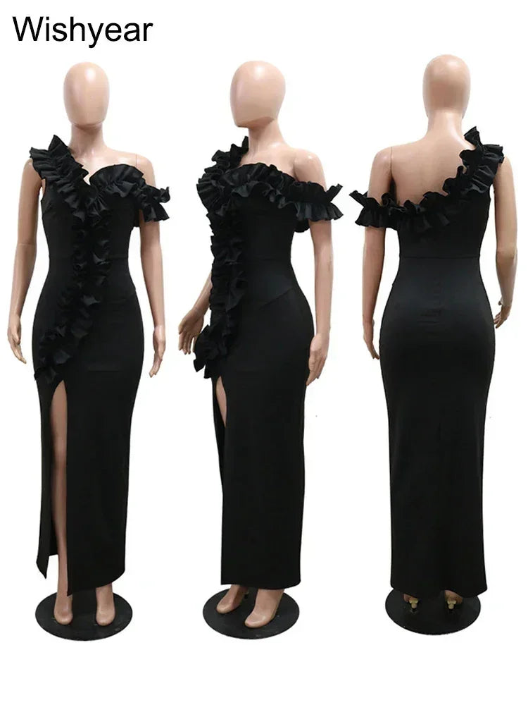 Sexy Night Sleeveless Off Shoulder Wooden Ear Edge Ruffles Bodycon Split Red Midi Dress Women Evening Birthday Party Vestidos Femstylo