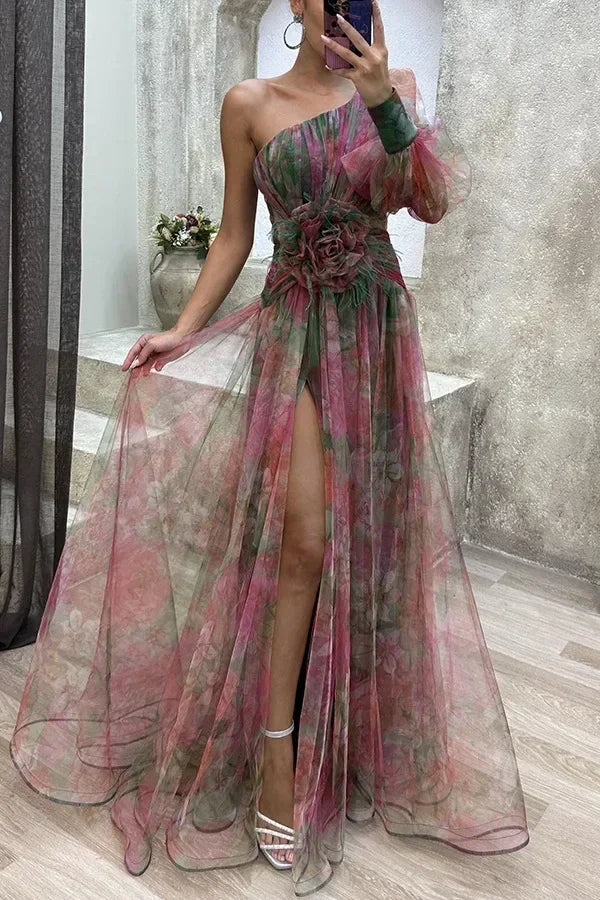 Elegant Oblique Shoulder Single-sleeve  Zipper High Slit Mesh Long Dress For Women Fashion Flower Decoration Party Dress Female Femstylo