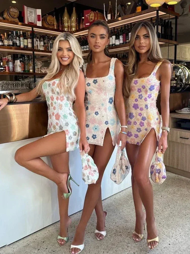 Colorful Rhombus Sequins Sexy Mini Dress Elegant Chic Straps Slit Bodycon Party Dresses Summer Holidays Evening Women Dress 2025 Femstylo