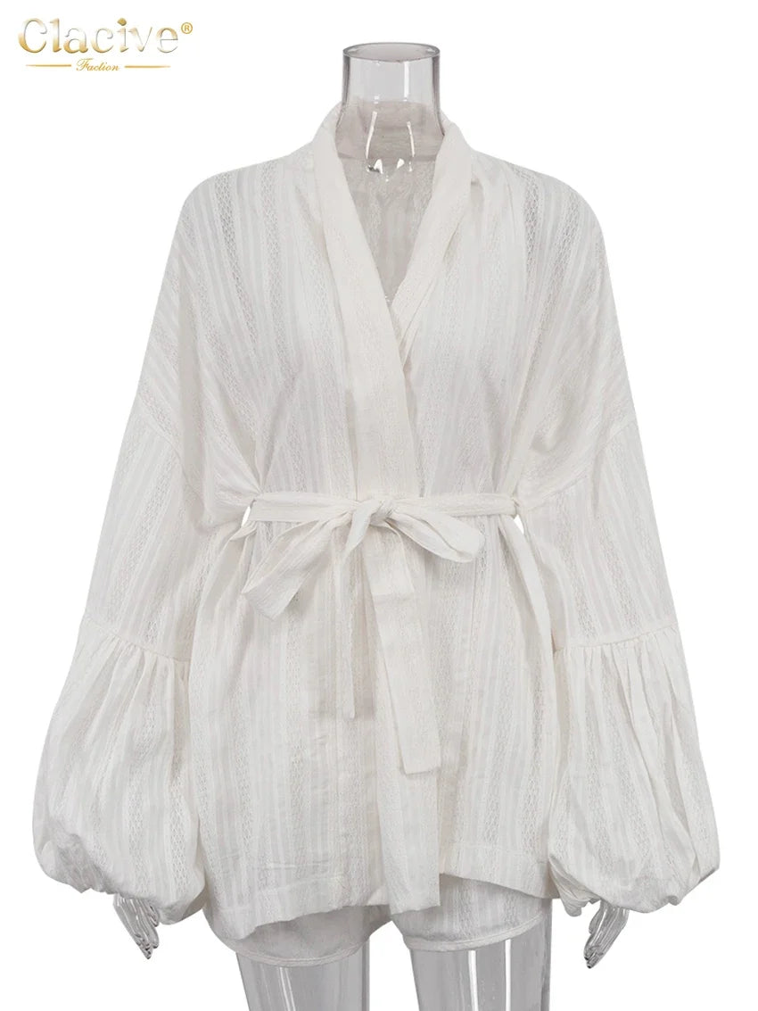 Clacive Fashion Loose White Cotton Sets For Women 2 Pieces 2025 Elegant Puff Sleeve Robes With High Waist Shorts Set Female Urban Fashion Icon