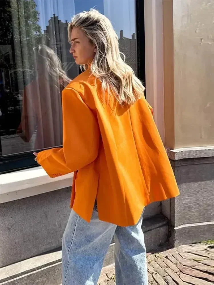 Women's V-Neck Side-Buttoned Suit Jacket Long Sleeve Solid Color Coats Pocket Cuffs Oversize Tops High Street Female Clothes Femstylo