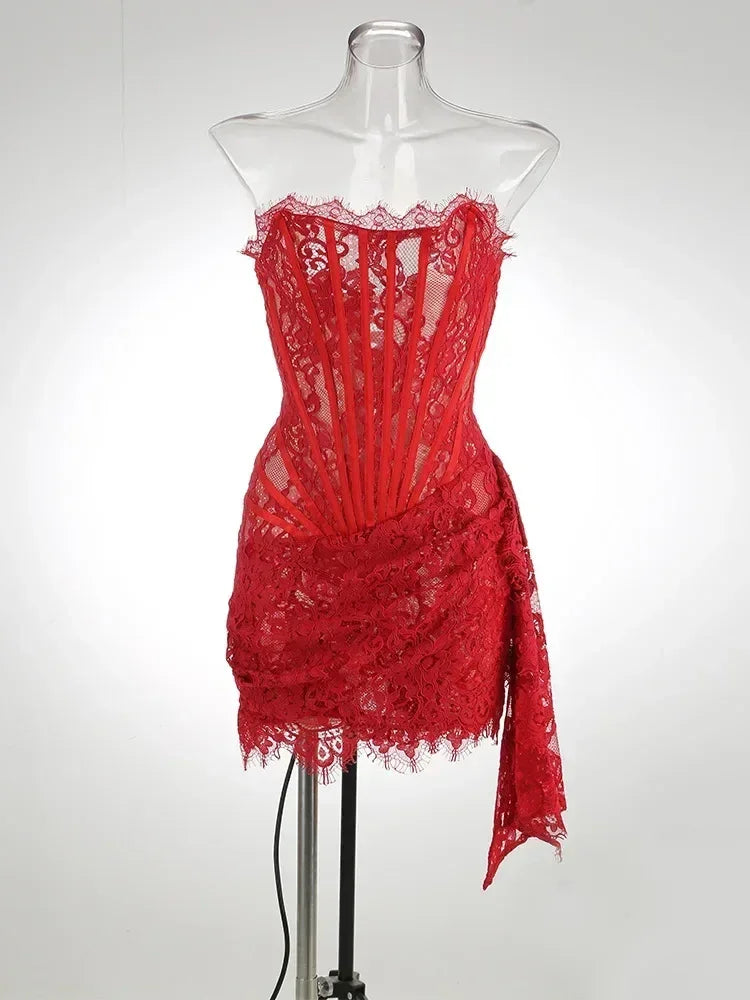 TARUXY Sexy Lace See-through Patchwork Corset Dress Female Bodycon Elegant Party MIrrgualr Mini Dress Women Tube Top Dress New Femstylo