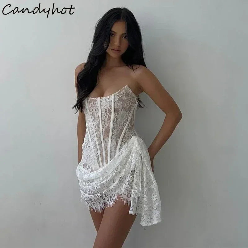 Candyhot Elegant Lace Strapless Sexy See-through Dress Bandage Irregular Mini Dress For Women Summer Slim Street Party Dress Femstylo