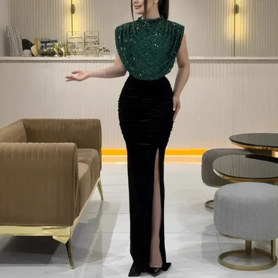 Lady Fashion Sleeveless Draped Split Dress Casual O Neck Sequin Splicing Party Dress 2025 New Year Elegant High Waist Long Dress Femstylo