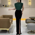 Lady Fashion Sleeveless Draped Split Dress Casual O Neck Sequin Splicing Party Dress 2025 New Year Elegant High Waist Long Dress Femstylo