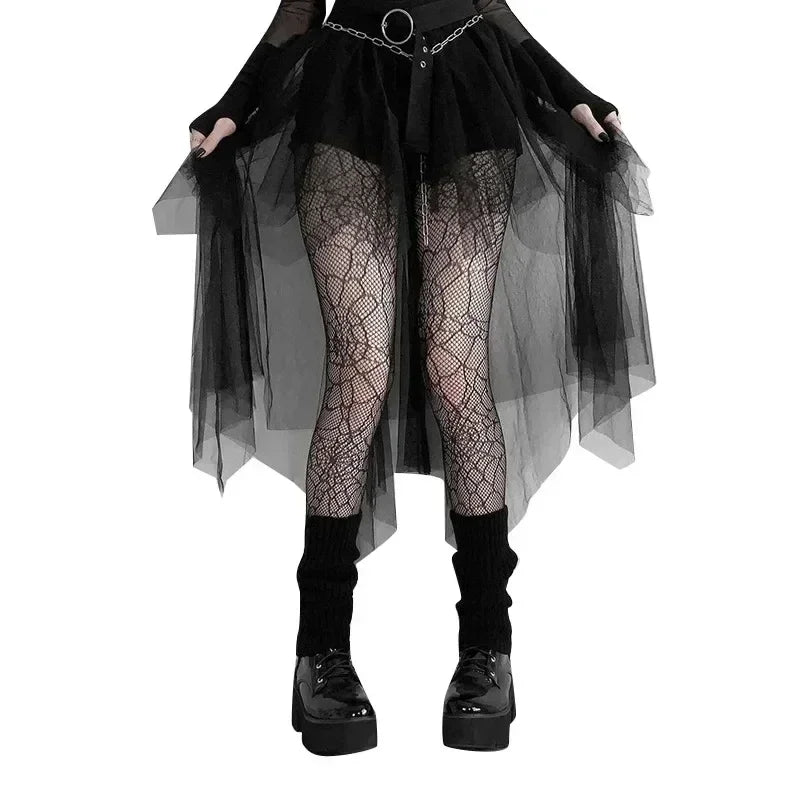 Casual Skirts Punk Sexy Net Yarn High-Waisted Irregular Skirt for Women Summer New European and American Gothic Style Versatile Femstylo