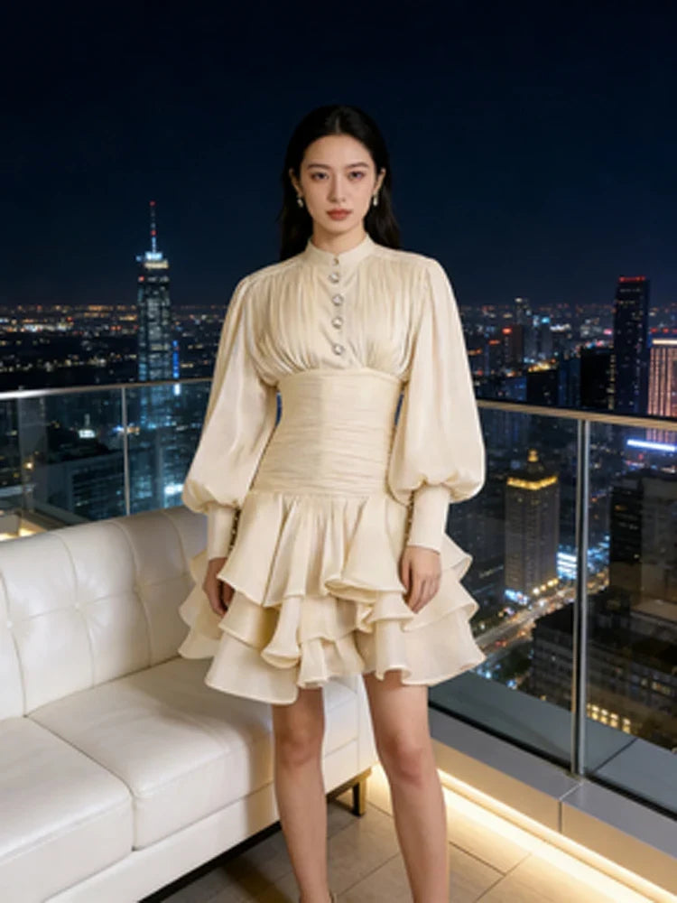 Solid Victorian-inspired Mini Dress Women Puff-sleeve Ruched Tiered Romantic Cottagecore Party Dresses 2026 Trendy Elegant Robe Urban Fashion Icon