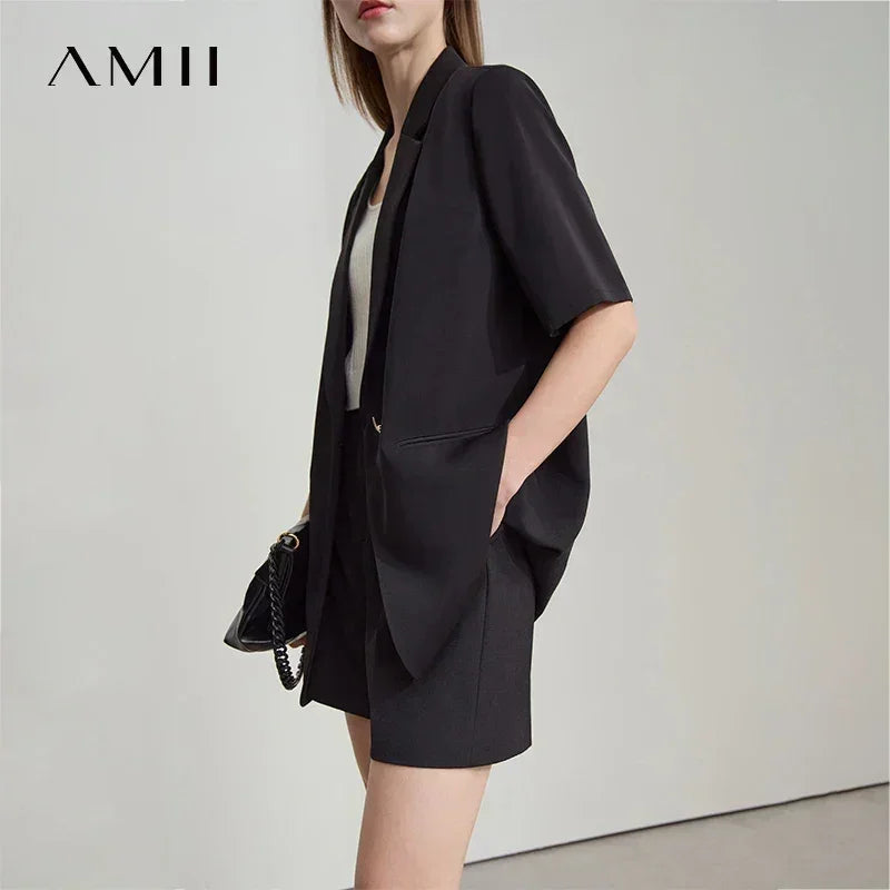 Amii Women's Top Minimalist 2025 Summer New Notched Lapel Contrast Material Patchwork One Button Short Sleeve Blazer 12542081 Femstylo