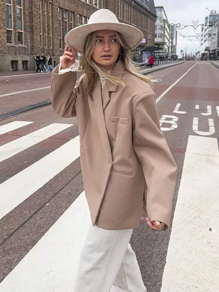 Women's V-Neck Side-Buttoned Suit Jacket Long Sleeve Solid Color Coats Pocket Cuffs Oversize Tops High Street Female Clothes Femstylo