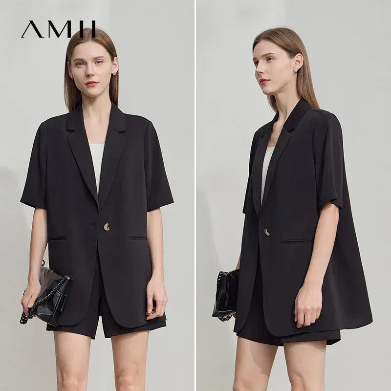 Amii Women's Top Minimalist 2025 Summer New Notched Lapel Contrast Material Patchwork One Button Short Sleeve Blazer 12542081 Femstylo