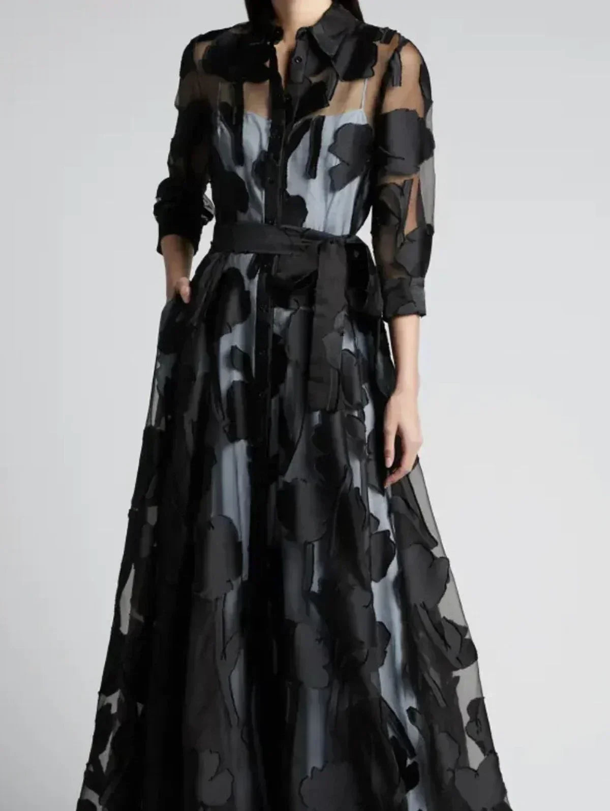 Elegant Three-Quarter Sleeve Knotted Waist Jacquard Mesh Maxi Dress for Women No Lining Transparent Club Party Long Dress Femstylo