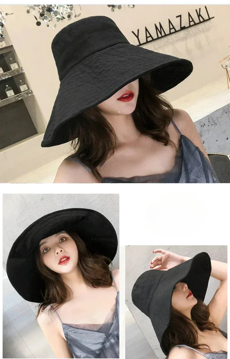 Japanese Sunshade Female Spring and Summer Sunscreen Free To Fold Big Brim Sun Hat Fisherman Hat Cover Face Oversized Hair Femstylo