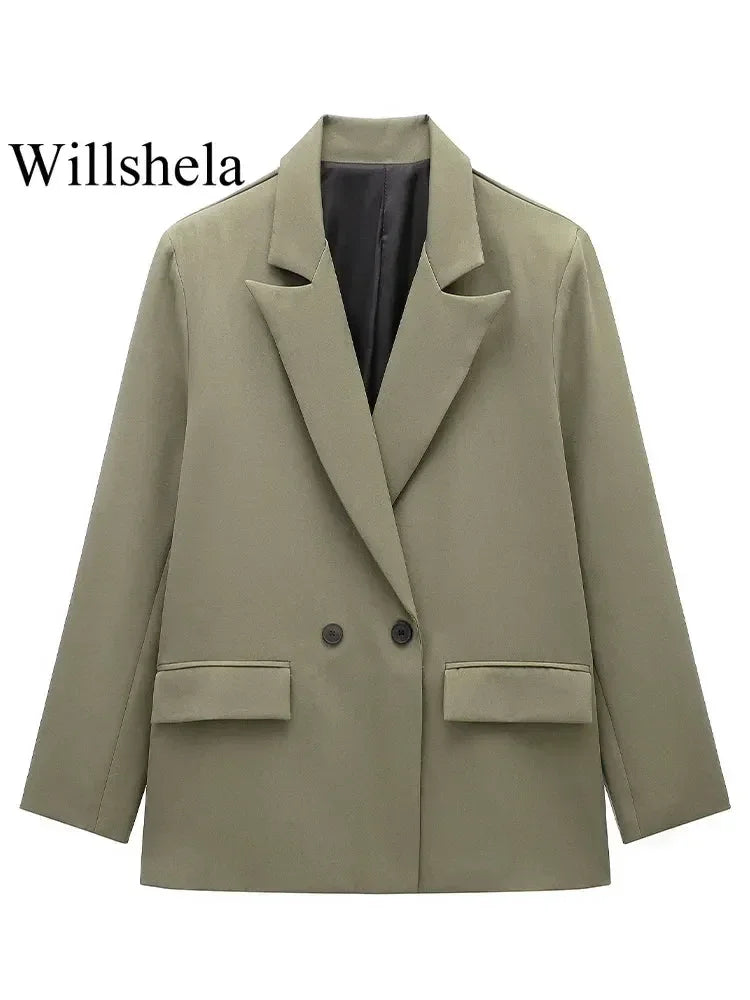 Willshela Women Fashion With Pockets Solid Double Breasted Blazer Vintage Long Sleeves Notched Neck Female Office Lady Outfits Femstylo