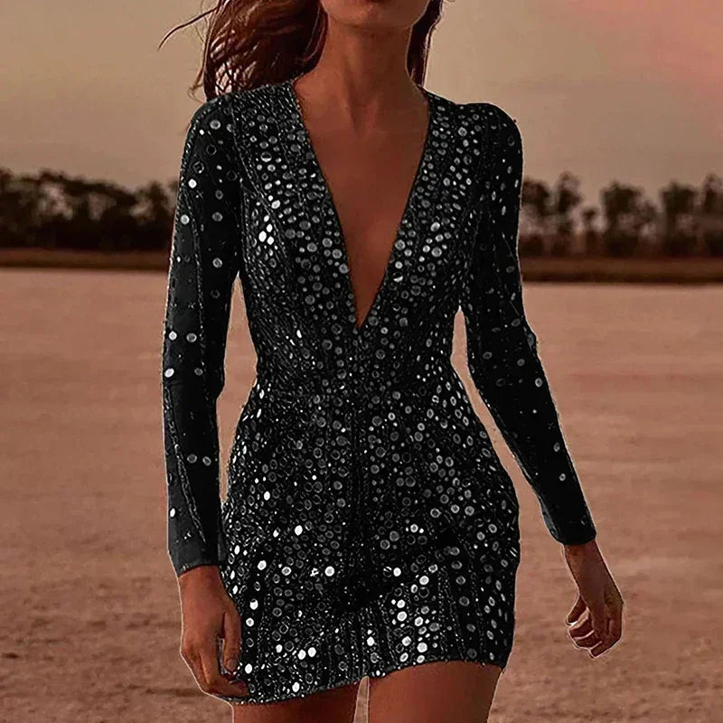Sexy Deep V Neck Long Sleeve Shiny Dress Elegant Sequins Women's Evening Party Dresses Chic Solid Color Glitter Wrap Hips Dress Femstylo