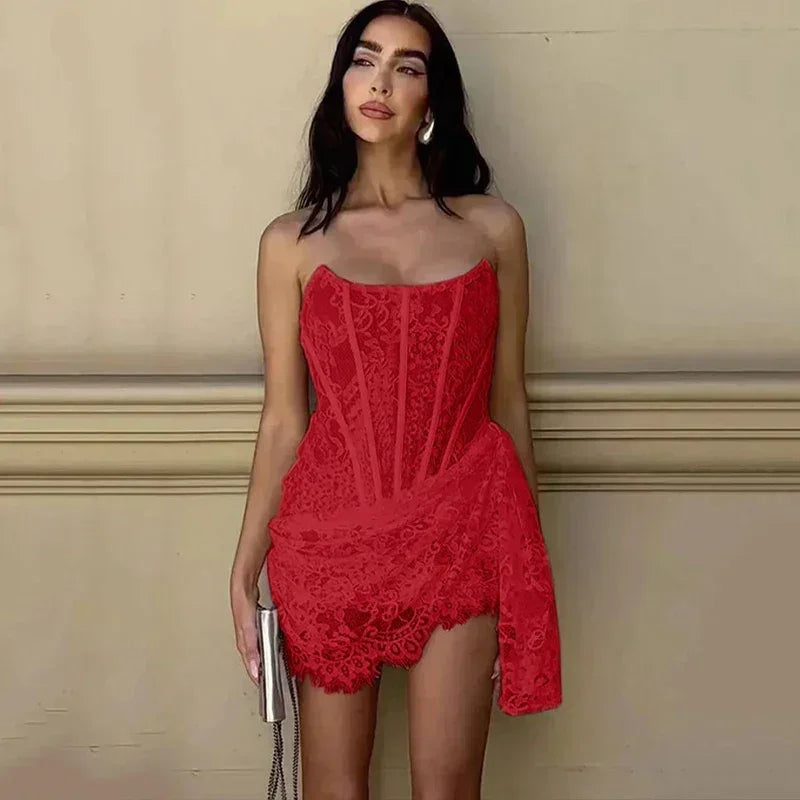 Candyhot Elegant Lace Strapless Sexy See-through Dress Bandage Irregular Mini Dress For Women Summer Slim Street Party Dress Femstylo