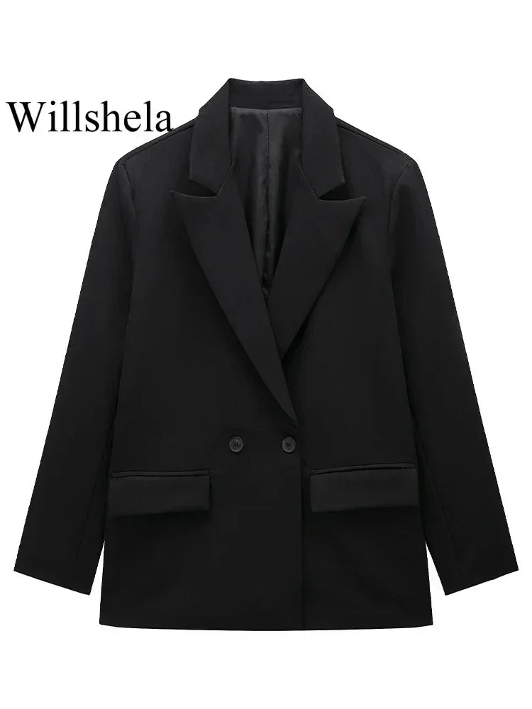 Willshela Women Fashion With Pockets Solid Double Breasted Blazer Vintage Long Sleeves Notched Neck Female Office Lady Outfits Femstylo