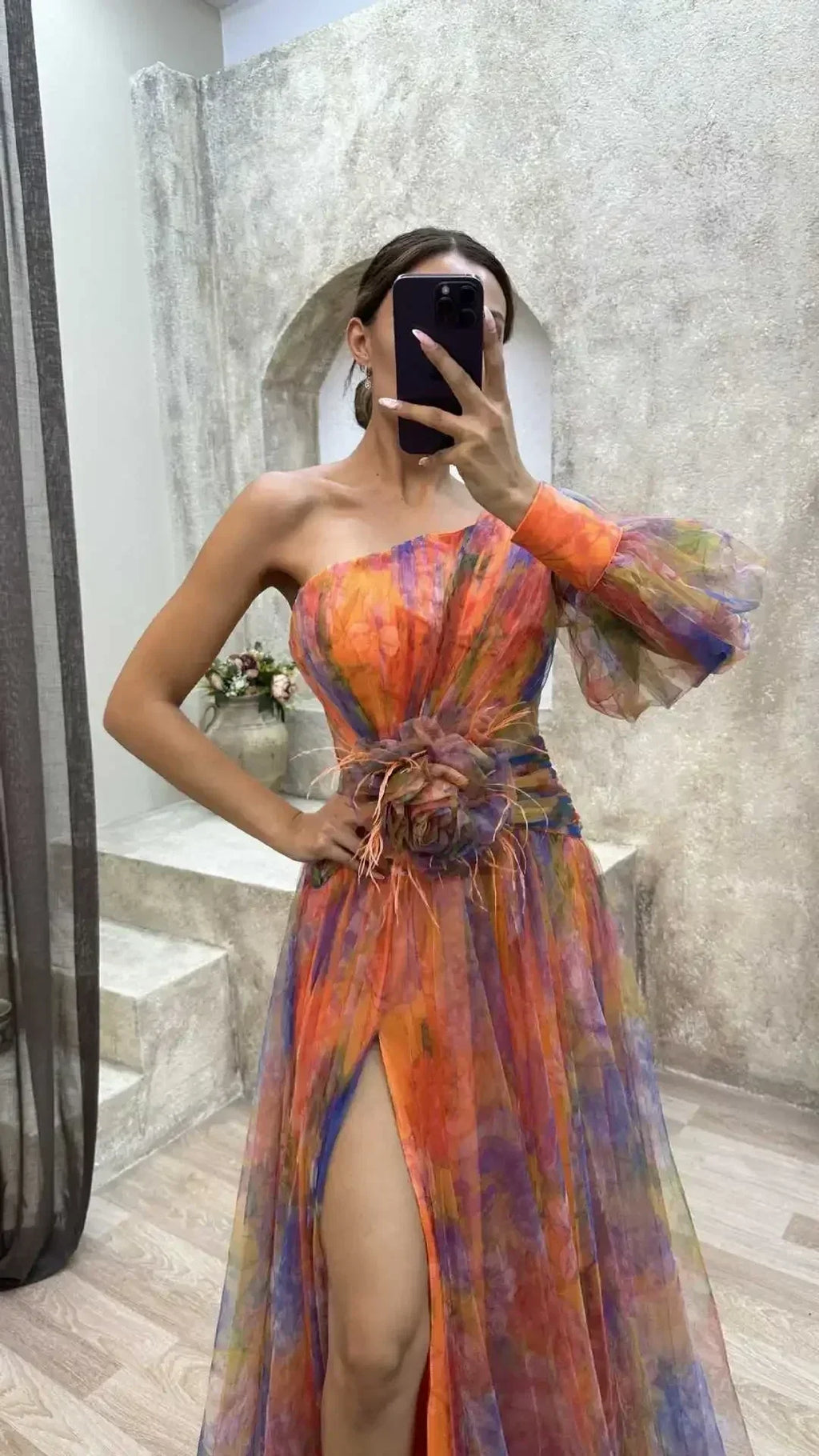 Elegant Oblique Shoulder Single-sleeve  Zipper High Slit Mesh Long Dress For Women Fashion Flower Decoration Party Dress Female Femstylo