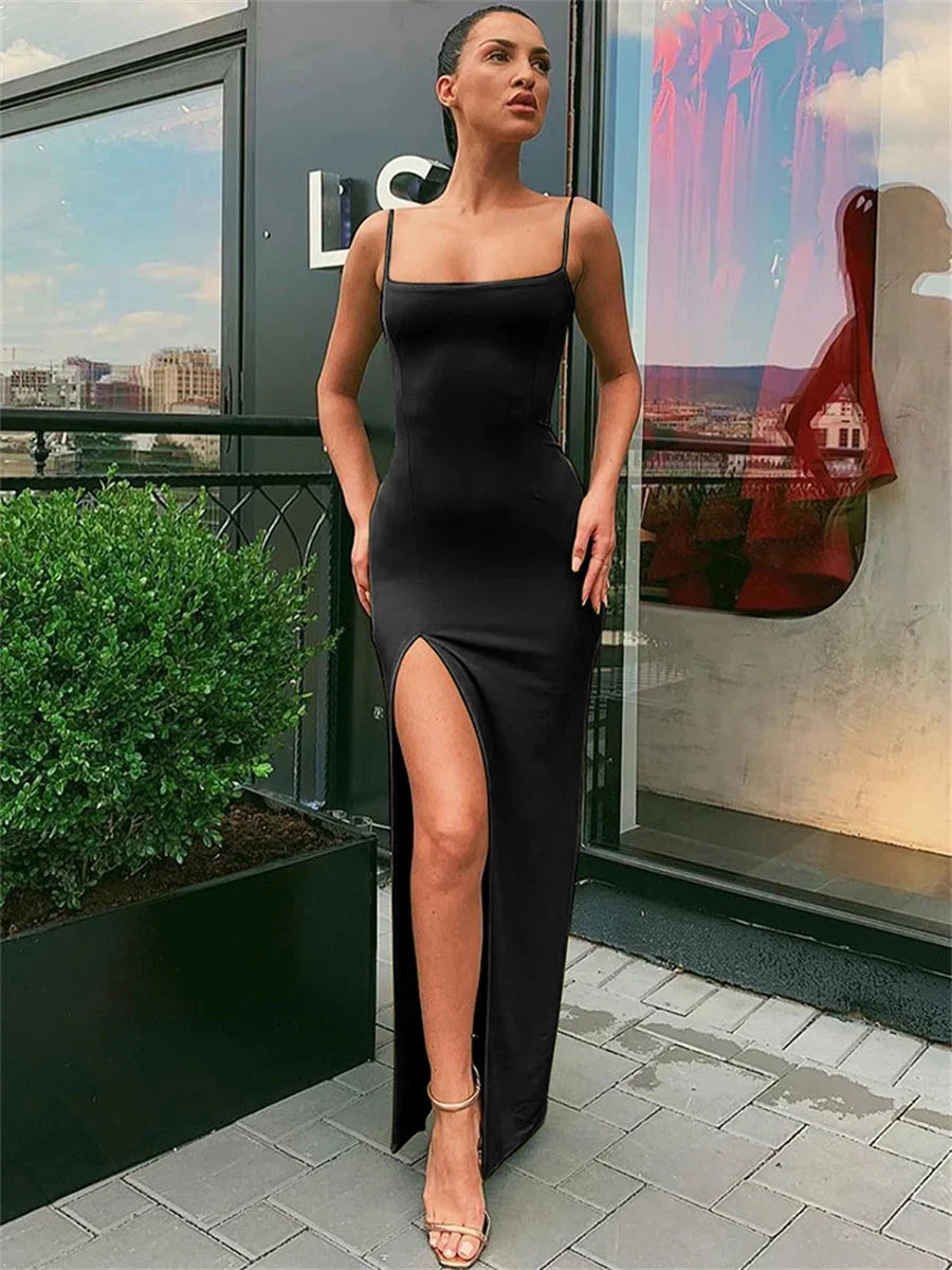 Women Summer Sexy Bodycon Dress Lady Sexy Spaghetti Strap Sleeve Split Solid Color Sheath Dress Vestidos Urban Fashion Icon
