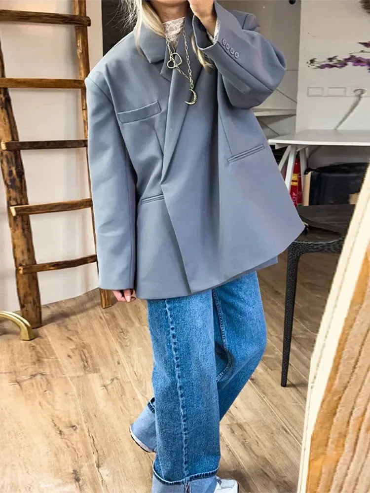 Women's V-Neck Side-Buttoned Suit Jacket Long Sleeve Solid Color Coats Pocket Cuffs Oversize Tops High Street Female Clothes Femstylo
