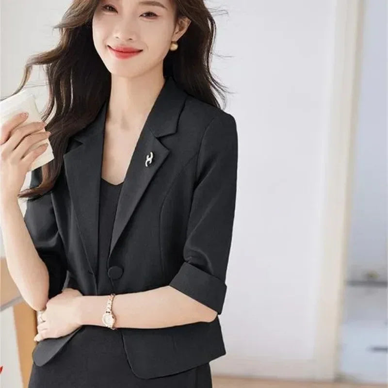 Black Women Blazer Slim Blazer Office Lady Work Suit Cropped Jacket Spring Summer Short Top Design Casual Coats Mujer One Button Femstylo