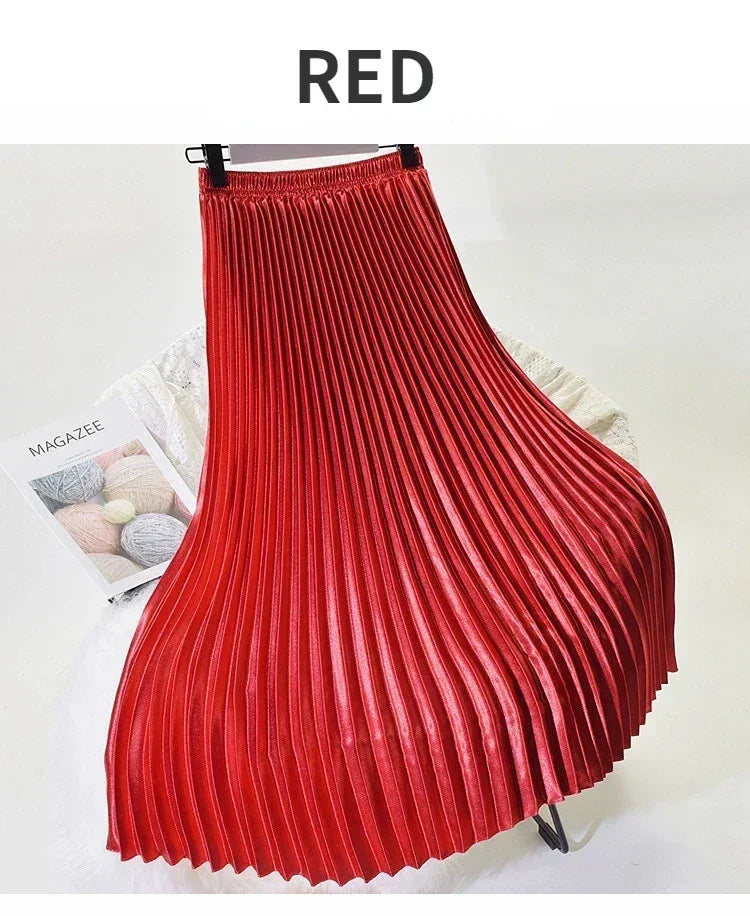 Classic Golden Velvet Pleated Skirt High Waist Retro Style Fashion Office Lady Pleated Long Skirt Winter Velvet Skirt 90cm Long Femstylo