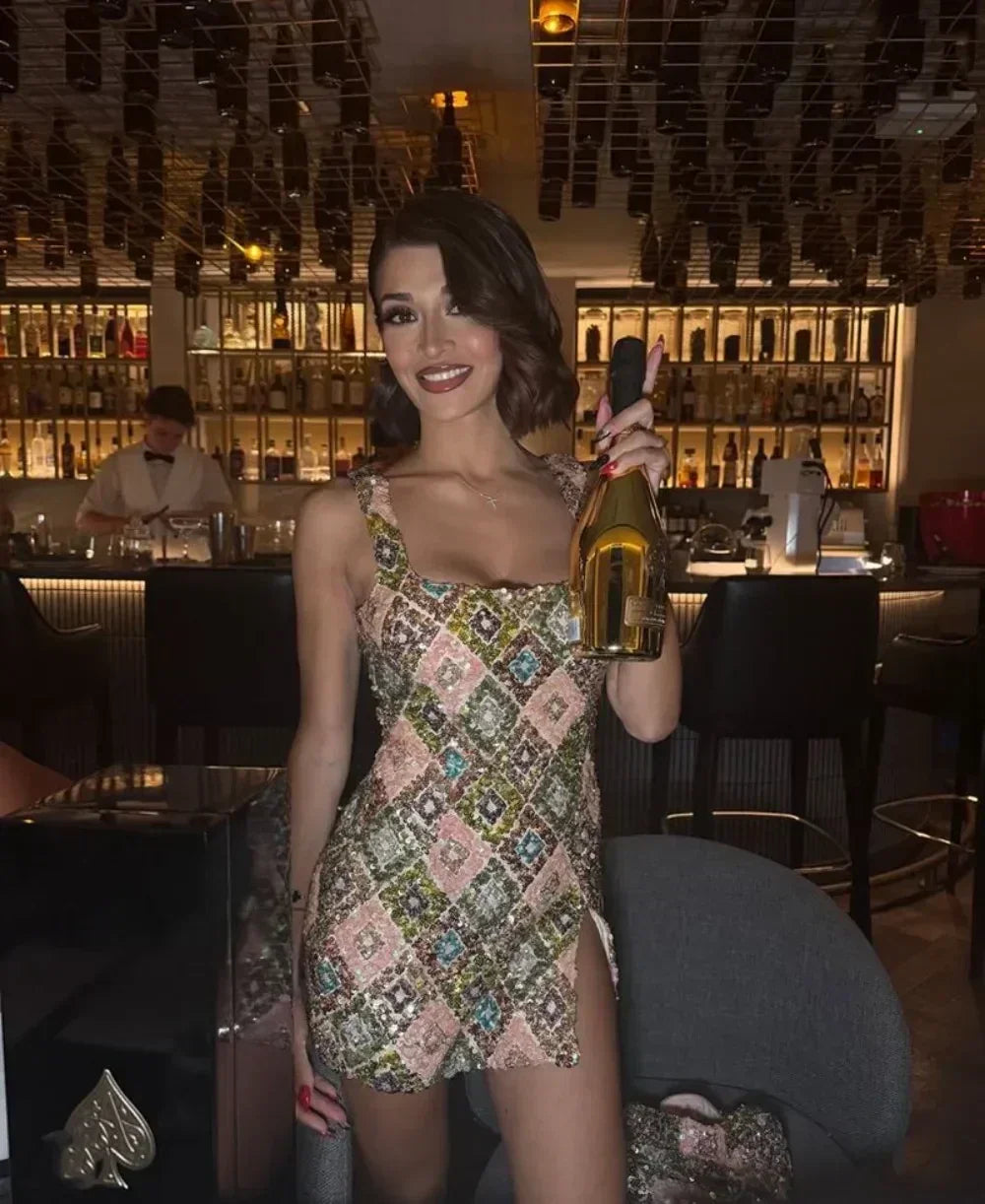 Colorful Rhombus Sequins Sexy Mini Dress Elegant Chic Straps Slit Bodycon Party Dresses Summer Holidays Evening Women Dress 2025 Femstylo