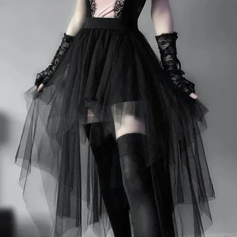 Casual Skirts Punk Sexy Net Yarn High-Waisted Irregular Skirt for Women Summer New European and American Gothic Style Versatile Femstylo