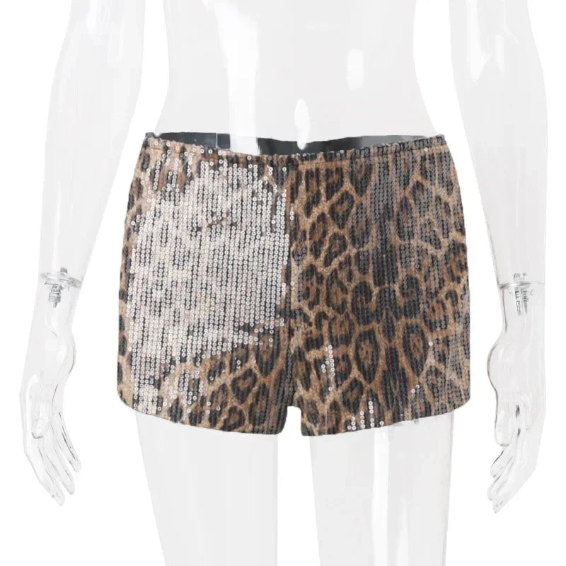 WhereMery Retro Leopard Print Seguins Shiny Chic Short Pants Y2K Spring Women's Fashion Night Club Streetwear Women Mini Bottoms Femstylo