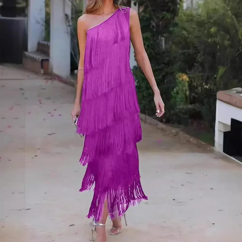 Spring and Summer New Fashion Fringed Slanted Shoulder Asymmetrical Dress for Women Femstylo