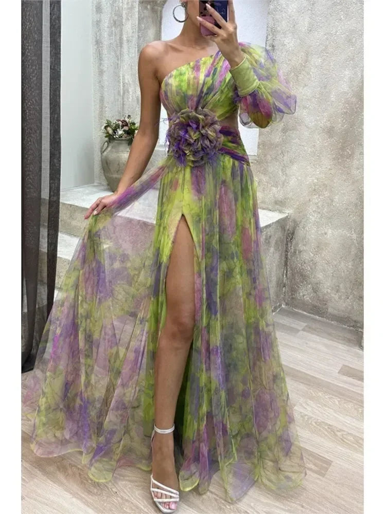 Elegant Oblique Shoulder Single-sleeve  Zipper High Slit Mesh Long Dress For Women Fashion Flower Decoration Party Dress Female Femstylo