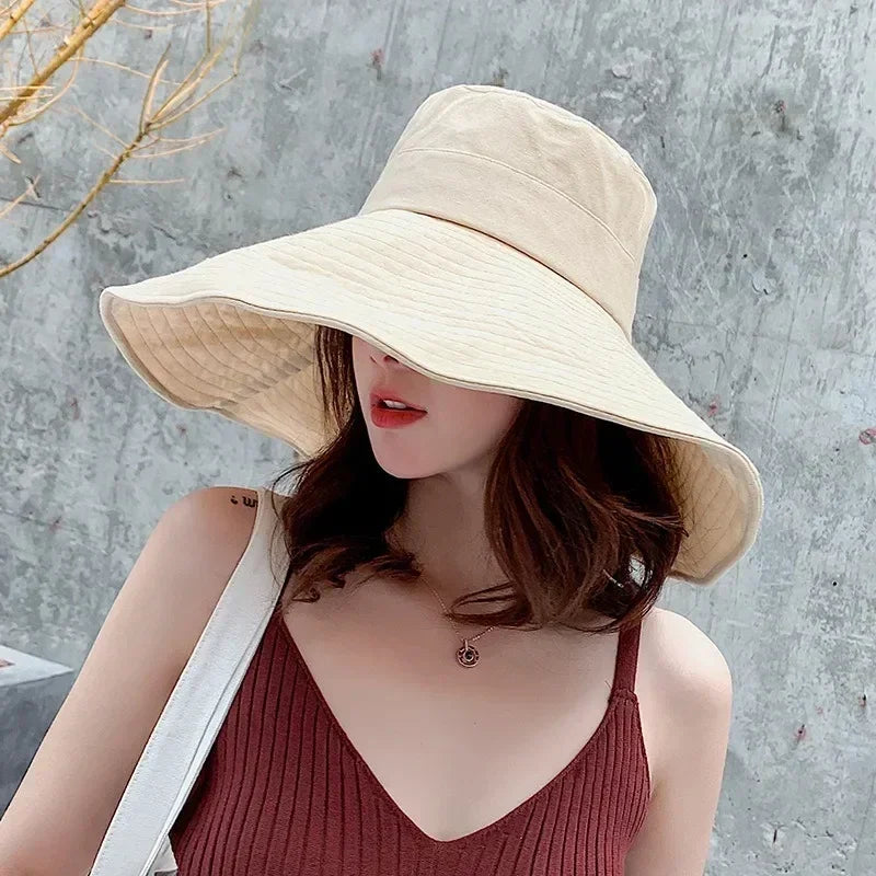Japanese Sunshade Female Spring and Summer Sunscreen Free To Fold Big Brim Sun Hat Fisherman Hat Cover Face Oversized Hair Femstylo