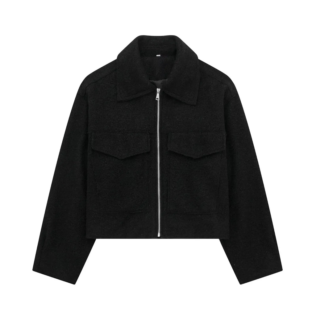 DUOPERI Women Fashion Winter Autumn Fleece Cropped Jacket Lapel Collar Long Sleeves Female Chic Lady Casual Short Outwear Urban Fashion Icon
