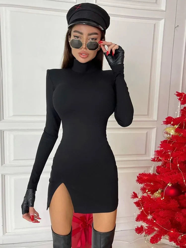 Women Spring Autumn Long Sleeve Bodycon Soild Color Black Slim Package Hip Mini Dress Female Clothing Streetwear Urban Fashion Icon