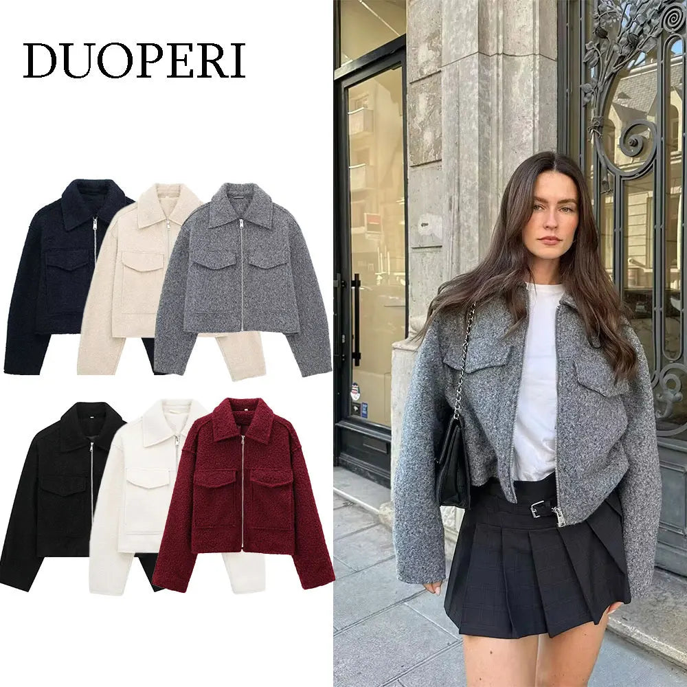 DUOPERI Women Fashion Winter Autumn Fleece Cropped Jacket Lapel Collar Long Sleeves Female Chic Lady Casual Short Outwear Urban Fashion Icon