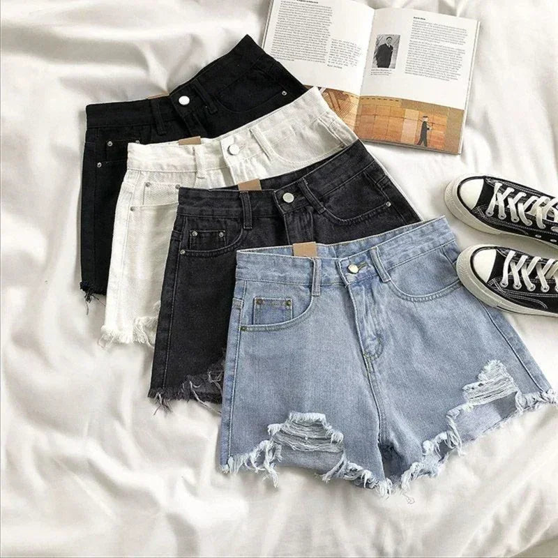 Korean Denim Holes Shorts For Women  Fashion High WaistWide Leg Short Jeans Female Designer Casual Street Short 2024 New Femstylo