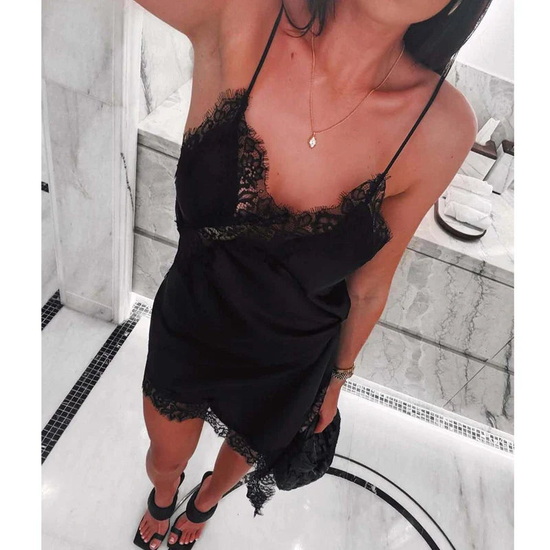 MUJER 2025 Lace Slip Dress Woman Black Backless Short Dresses for Women Asymmetric Party Women's Summer Dress Satin Sexy Dresses Urban Fashion Icon