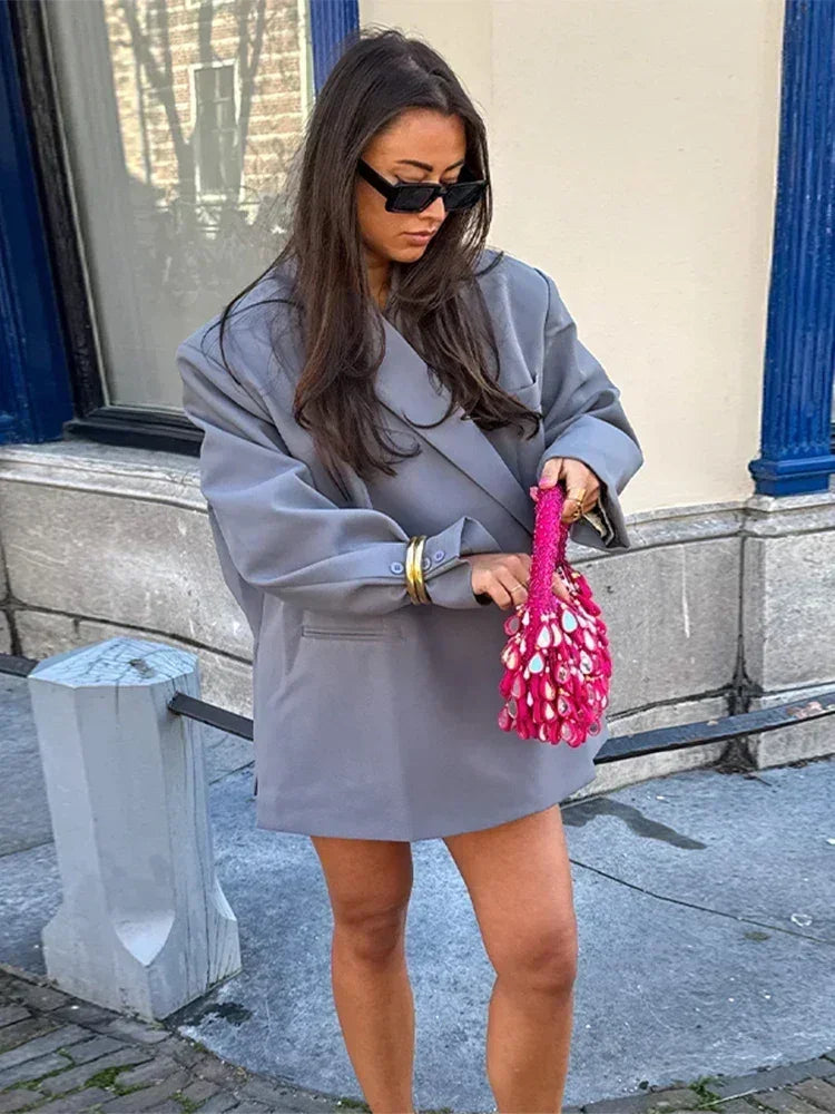 Women's V-Neck Side-Buttoned Suit Jacket Long Sleeve Solid Color Coats Pocket Cuffs Oversize Tops High Street Female Clothes Femstylo