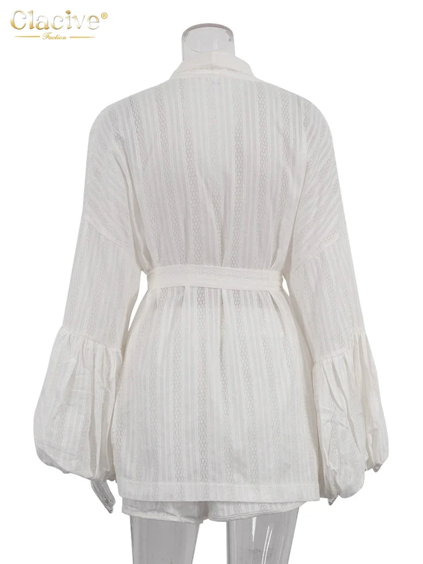Clacive Fashion Loose White Cotton Sets For Women 2 Pieces 2025 Elegant Puff Sleeve Robes With High Waist Shorts Set Female Urban Fashion Icon