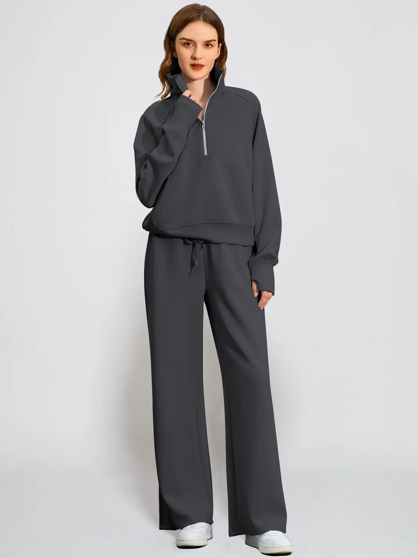 Woman Solid Color Half Zip Long Sleeve Sweatshirt and Wide Leg Pants Set Casual Sporty Two Piece Outfit Urban Fashion Icon