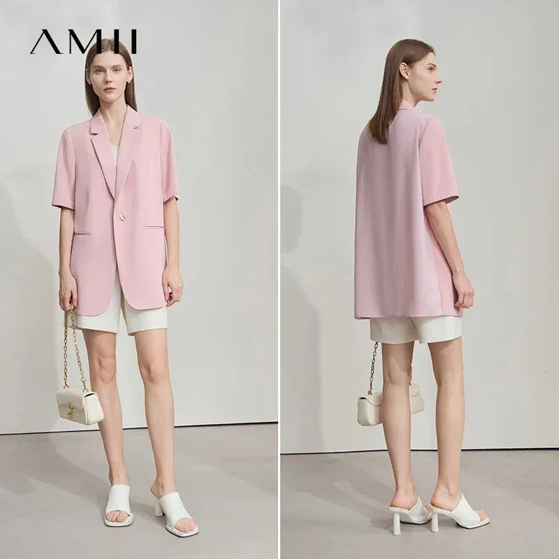 Amii Women's Top Minimalist 2025 Summer New Notched Lapel Contrast Material Patchwork One Button Short Sleeve Blazer 12542081 Femstylo