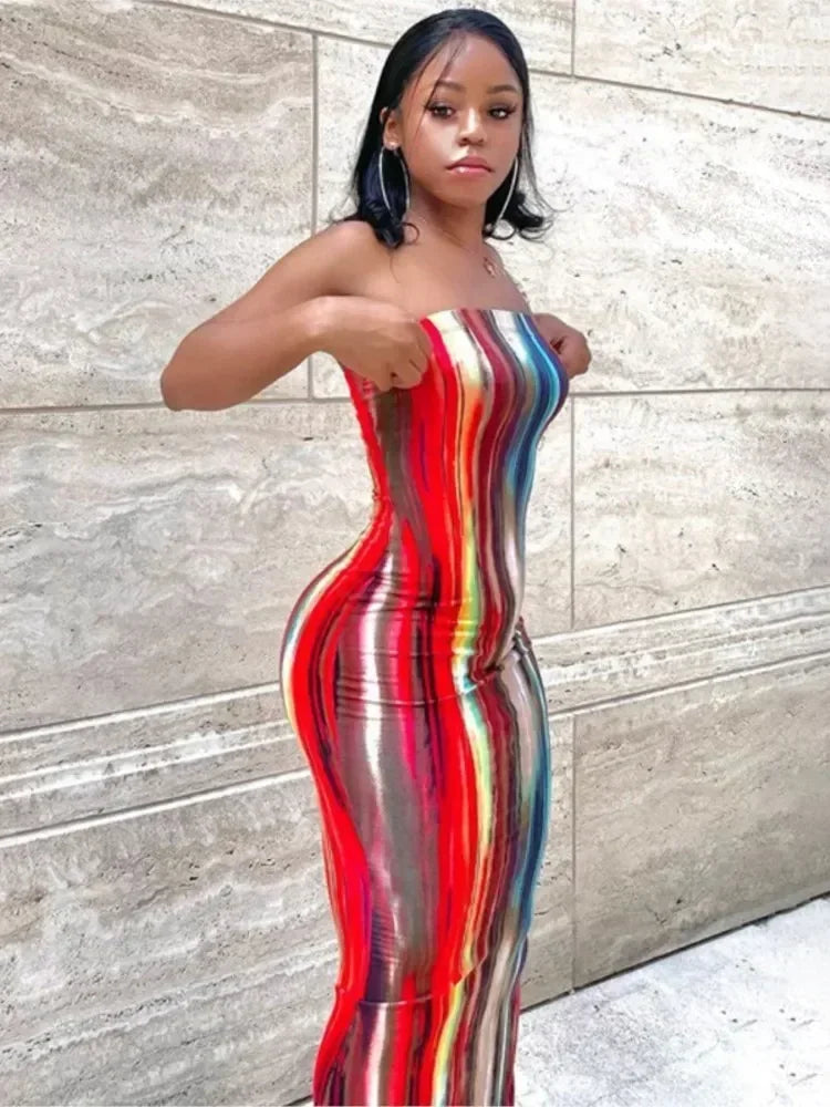 Spring And Summer Dresses For Women Chest Wrap Printed Off Shoulder Bandage Slim Sexy Long Dress 2023 New Fashion party MsChuh Femstylo
