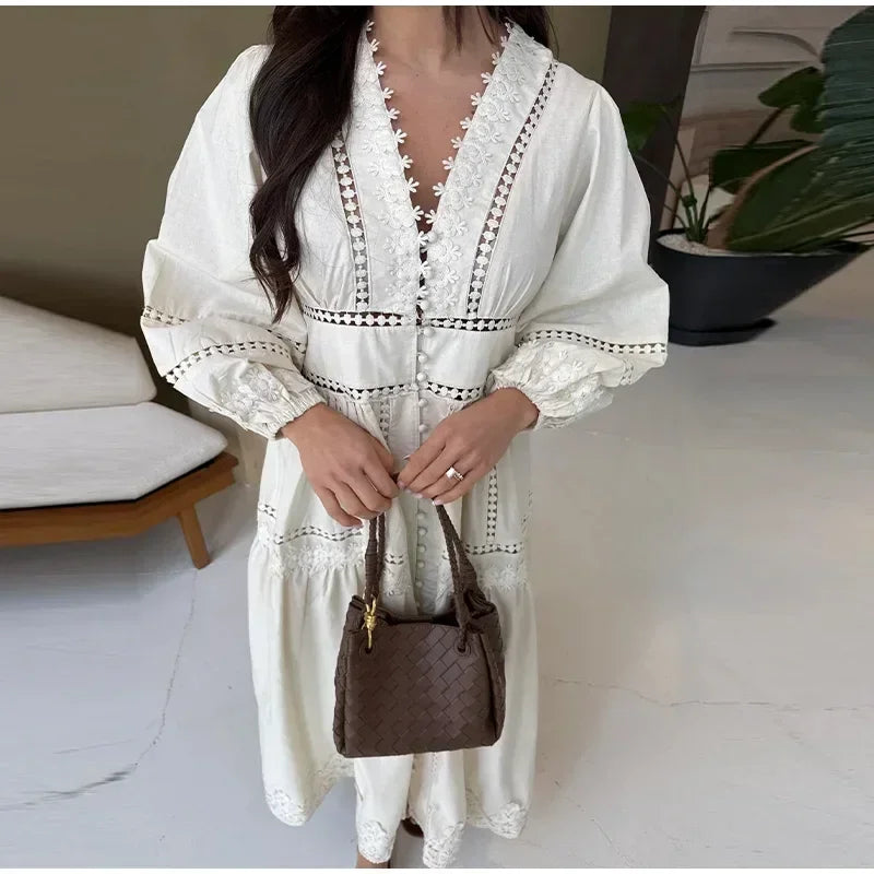 Elegant Lace Patchwork Hollow Out Dress Women Solid V-neck Long Lantern Sleeve Loose Dresses 2025 Spring Vacation Lady Robes Femstylo