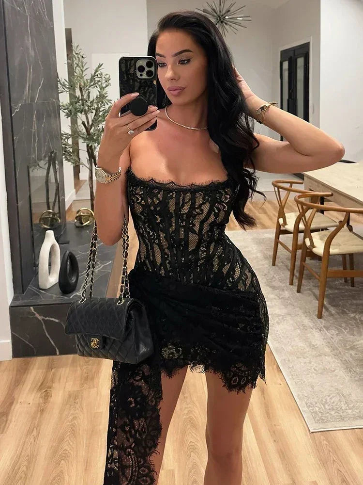 TARUXY Sexy Lace See-through Patchwork Corset Dress Female Bodycon Elegant Party MIrrgualr Mini Dress Women Tube Top Dress New Femstylo