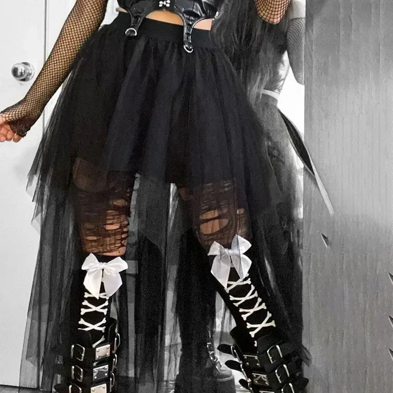 Casual Skirts Punk Sexy Net Yarn High-Waisted Irregular Skirt for Women Summer New European and American Gothic Style Versatile Femstylo