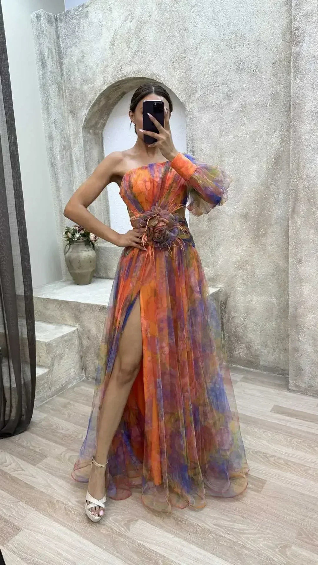 Elegant Oblique Shoulder Single-sleeve  Zipper High Slit Mesh Long Dress For Women Fashion Flower Decoration Party Dress Female Femstylo