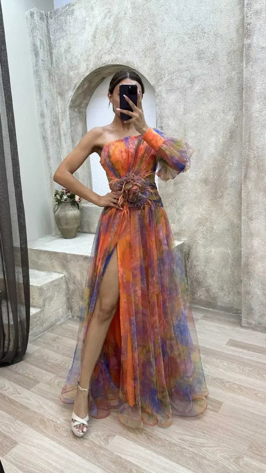 Elegant Oblique Shoulder Single-sleeve  Zipper High Slit Mesh Long Dress For Women Fashion Flower Decoration Party Dress Female Femstylo