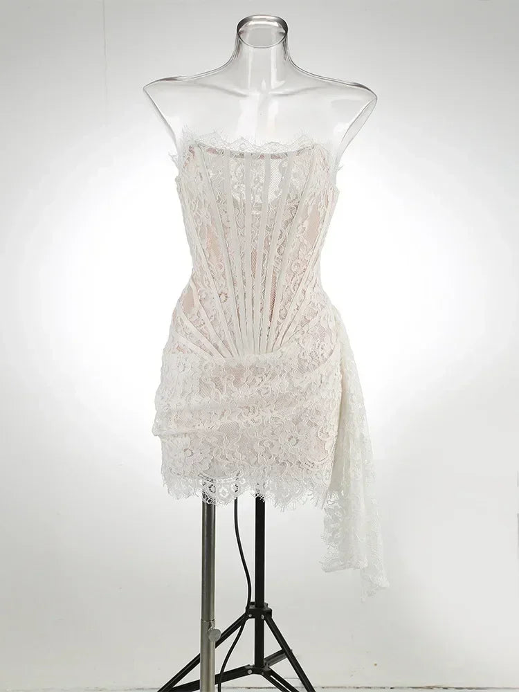 TARUXY Sexy Lace See-through Patchwork Corset Dress Female Bodycon Elegant Party MIrrgualr Mini Dress Women Tube Top Dress New Femstylo