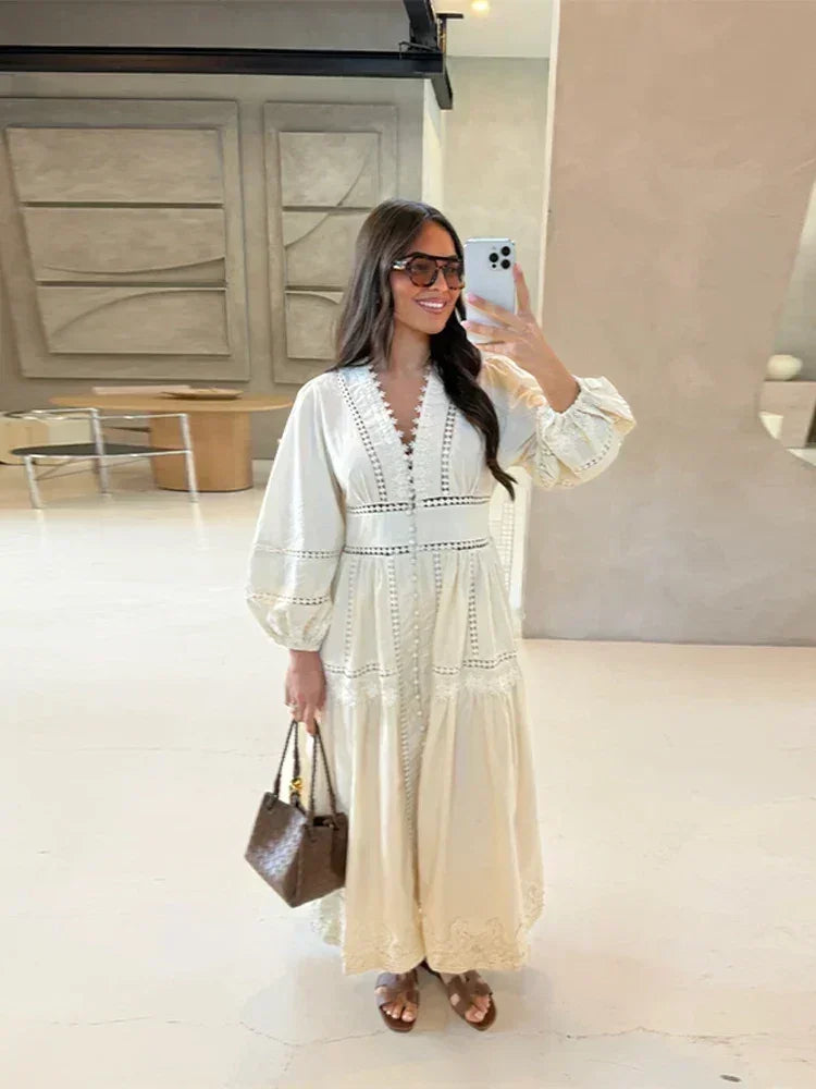 Elegant Lace Patchwork Hollow Out Dress Women Solid V-neck Long Lantern Sleeve Loose Dresses 2025 Spring Vacation Lady Robes Femstylo