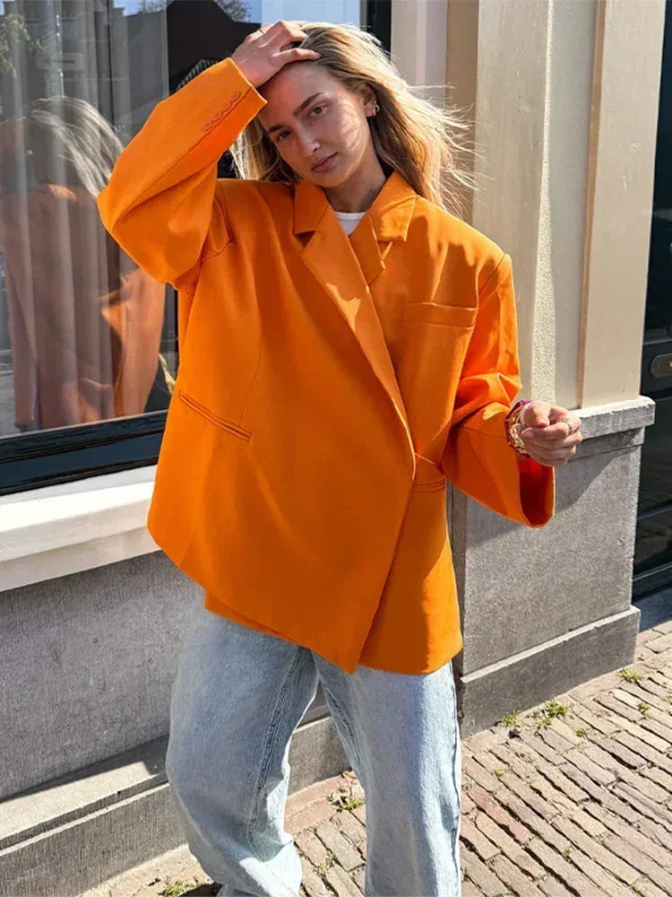 Women's V-Neck Side-Buttoned Suit Jacket Long Sleeve Solid Color Coats Pocket Cuffs Oversize Tops High Street Female Clothes Femstylo
